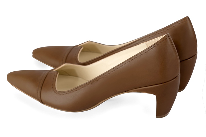 Caramel brown women's dress pumps,with a square neckline. Tapered toe. Medium comma heels. Rear view - Florence KOOIJMAN
